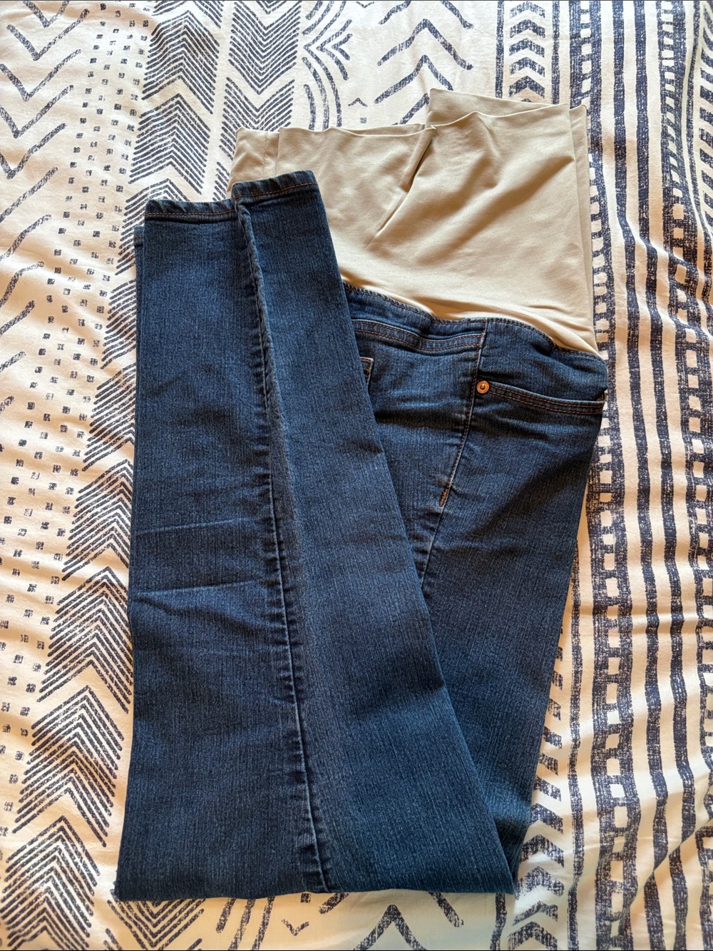 LOFT Dark Blue Skinny Jeans with Light Beige Waist Panel